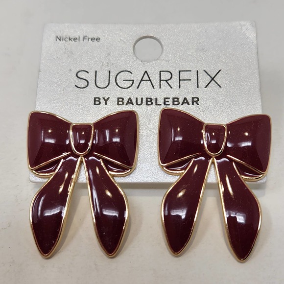 Sugarfix Baublebar Red Maroon Enamel Ribbon Bow Earrings Post Gold Tone New - Picture 1 of 3